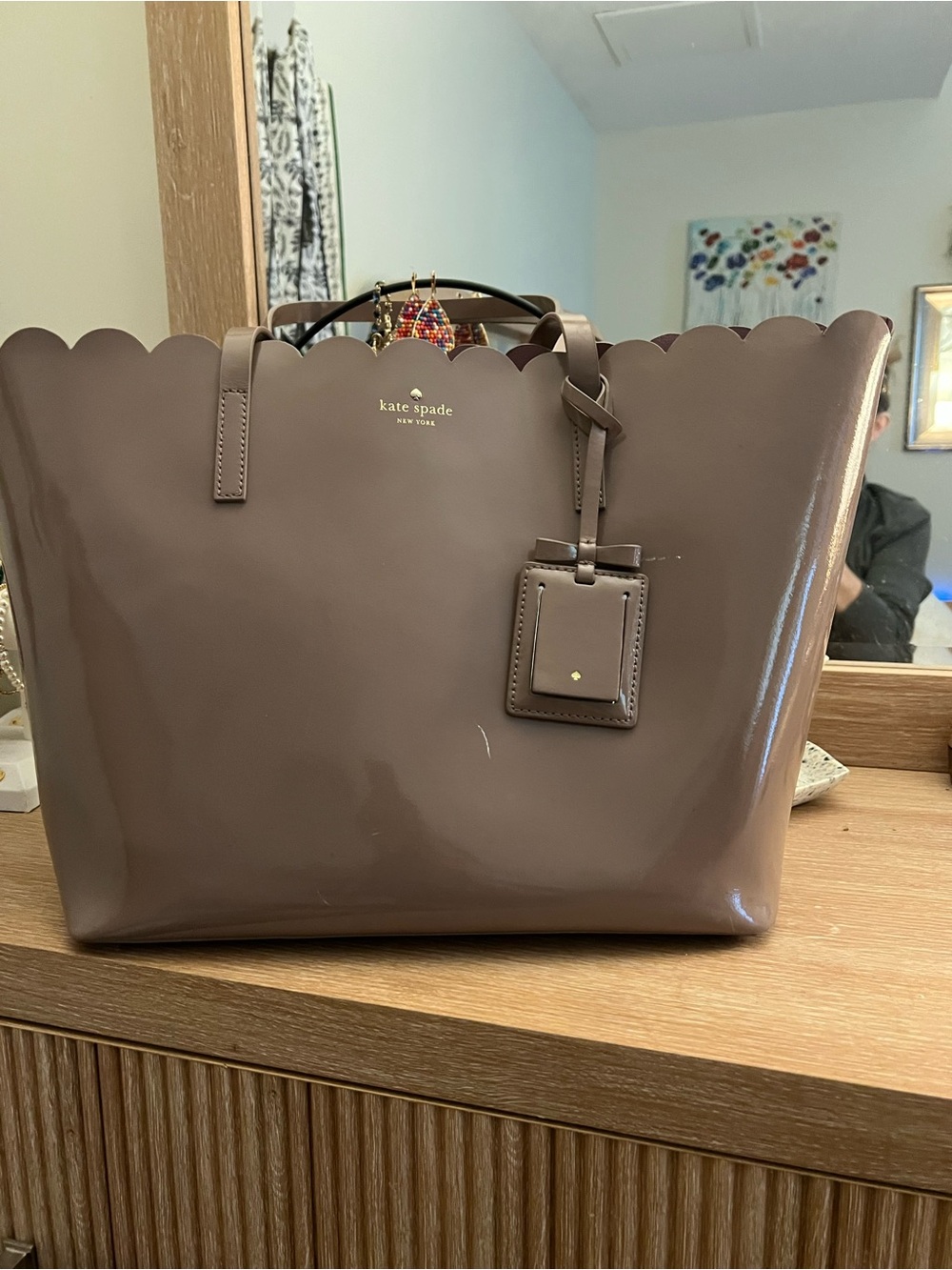 kate spade Scalloped Patent Tote in Taupe Brown